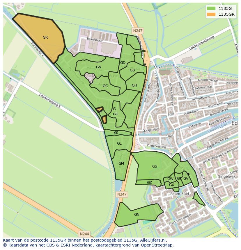 Afbeelding van het postcodegebied 1135 GR op de kaart.