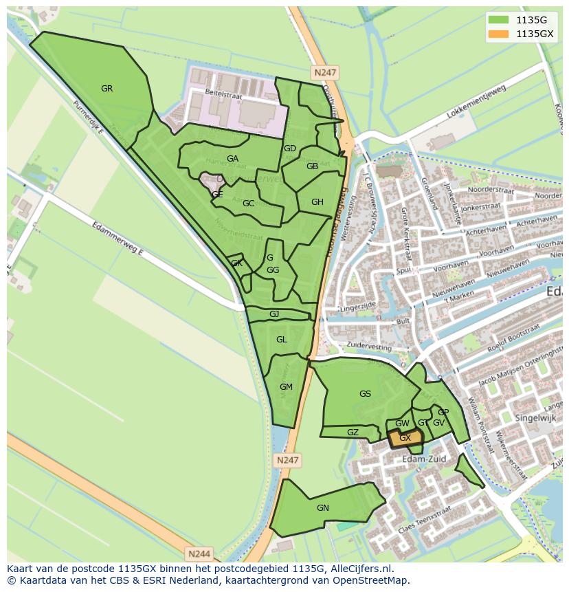 Afbeelding van het postcodegebied 1135 GX op de kaart.