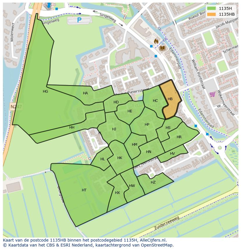 Afbeelding van het postcodegebied 1135 HB op de kaart.