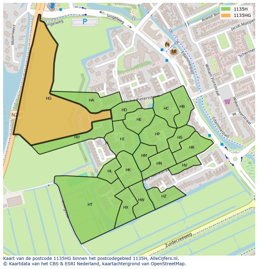 Afbeelding van het postcodegebied 1135 HG op de kaart.