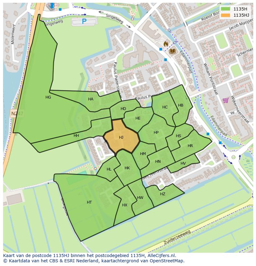 Afbeelding van het postcodegebied 1135 HJ op de kaart.