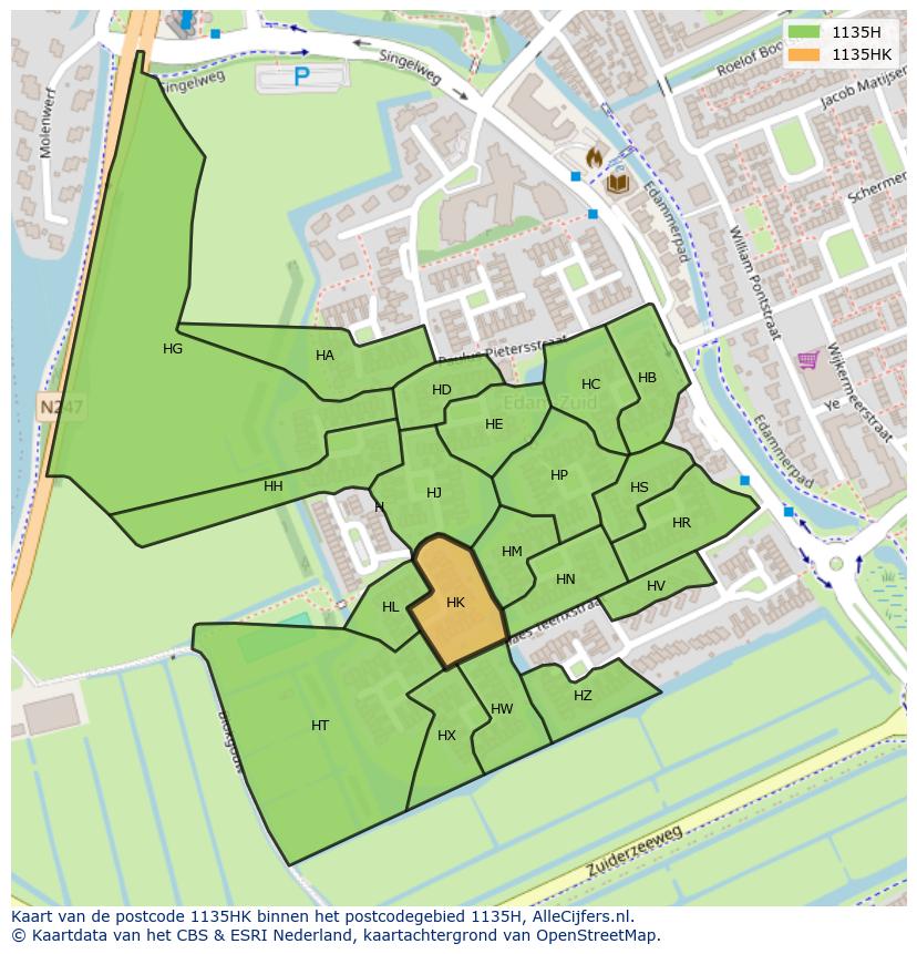 Afbeelding van het postcodegebied 1135 HK op de kaart.