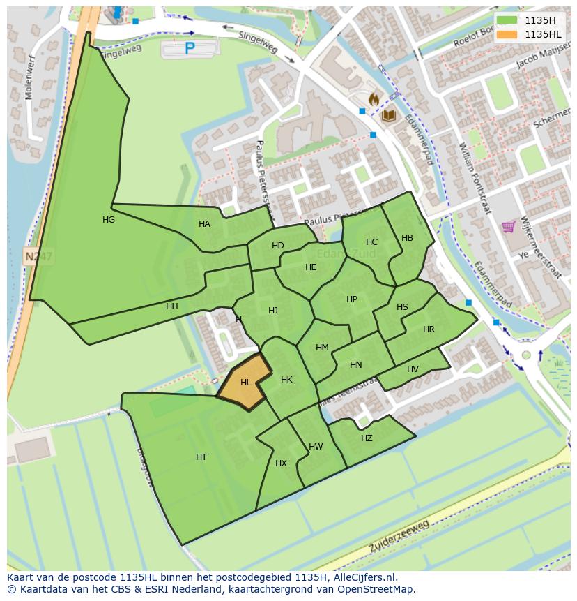 Afbeelding van het postcodegebied 1135 HL op de kaart.