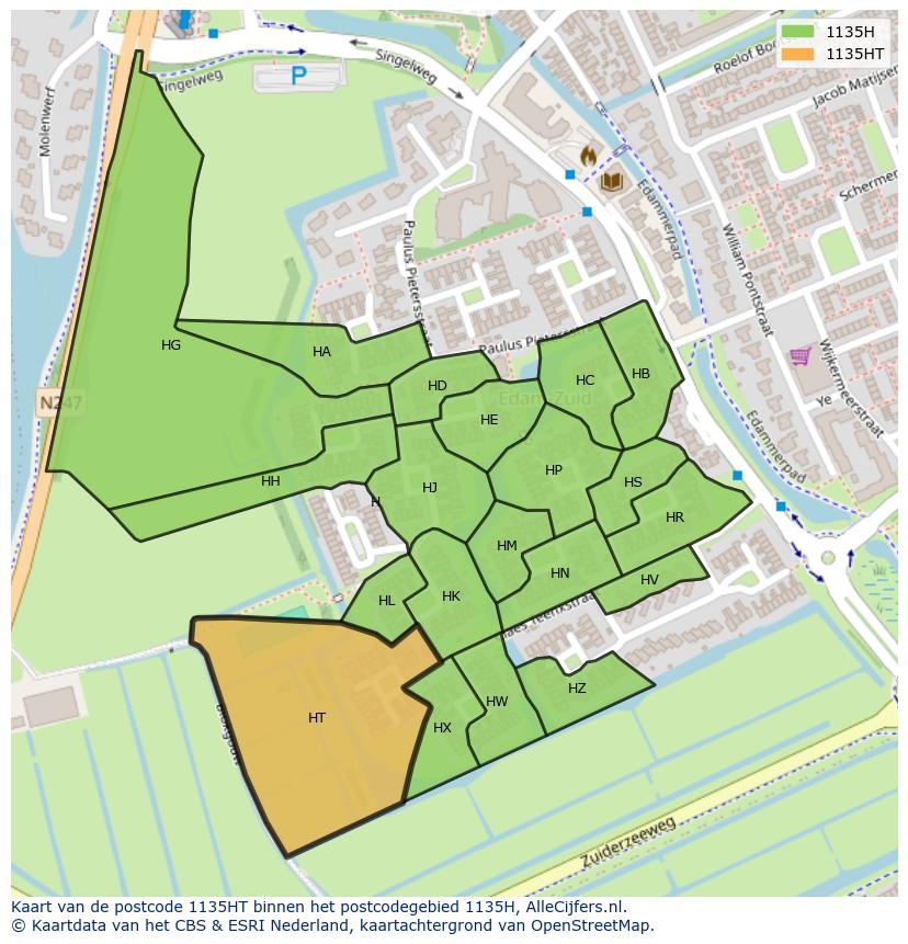 Afbeelding van het postcodegebied 1135 HT op de kaart.