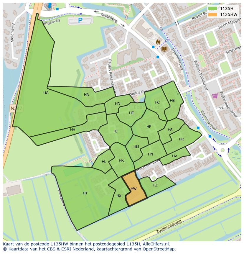 Afbeelding van het postcodegebied 1135 HW op de kaart.