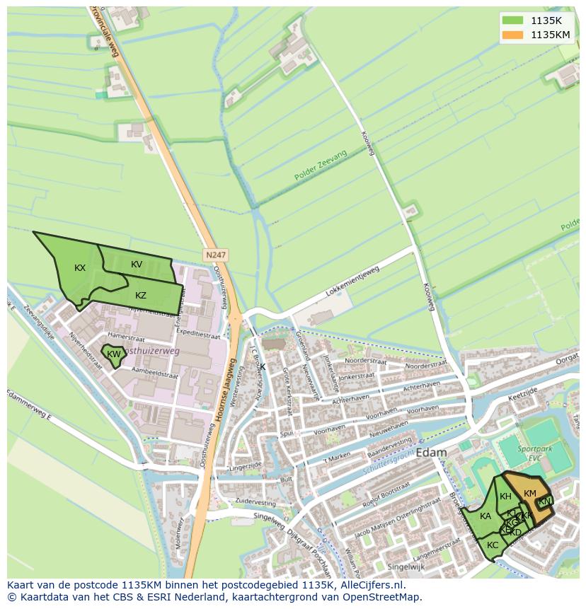 Afbeelding van het postcodegebied 1135 KM op de kaart.