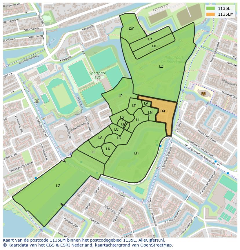 Afbeelding van het postcodegebied 1135 LM op de kaart.
