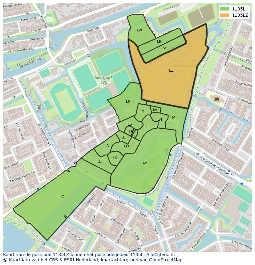 Afbeelding van het postcodegebied 1135 LZ op de kaart.