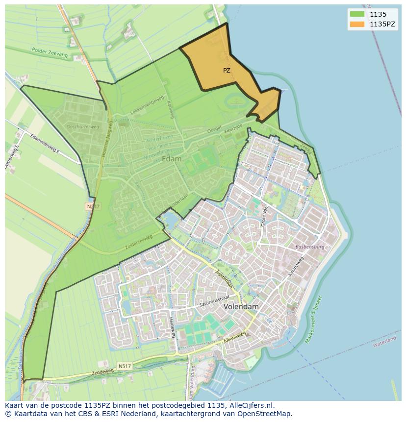 Afbeelding van het postcodegebied 1135 PZ op de kaart.