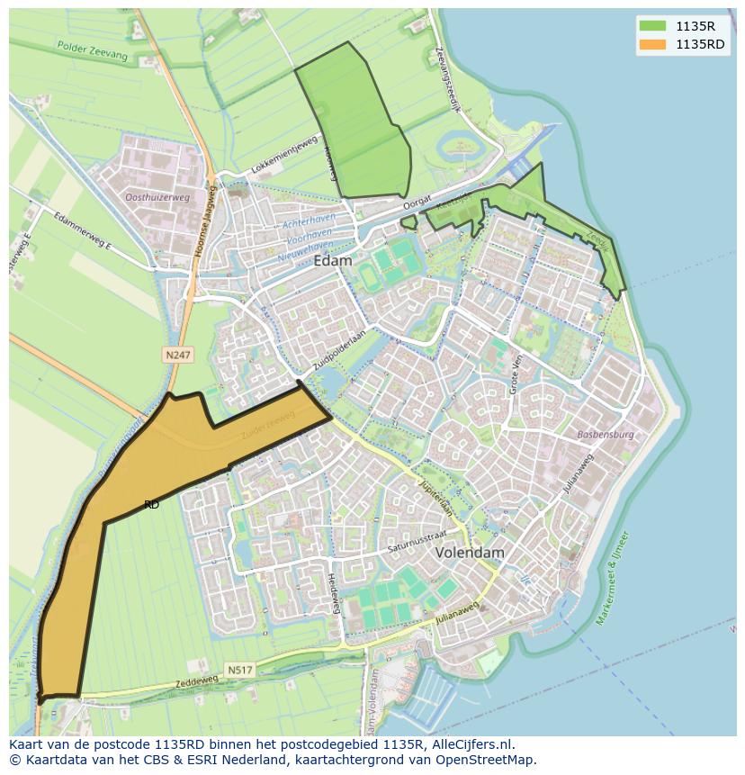 Afbeelding van het postcodegebied 1135 RD op de kaart.