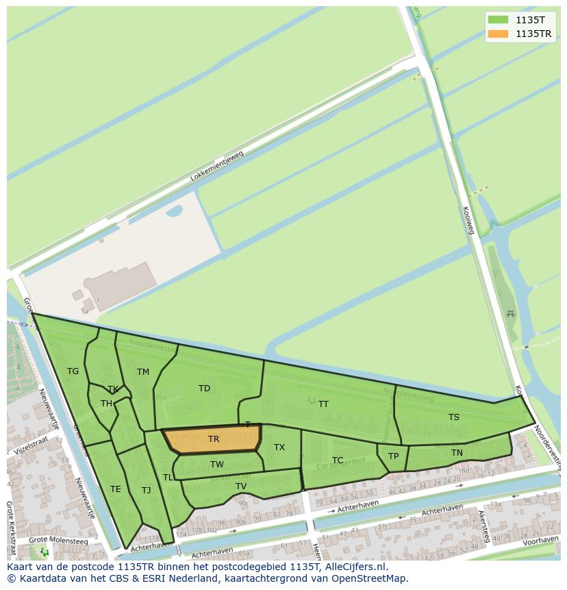 Afbeelding van het postcodegebied 1135 TR op de kaart.