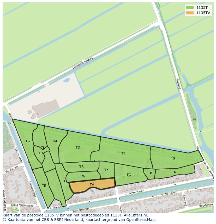 Afbeelding van het postcodegebied 1135 TV op de kaart.
