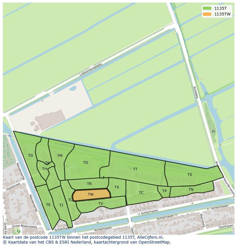 Afbeelding van het postcodegebied 1135 TW op de kaart.