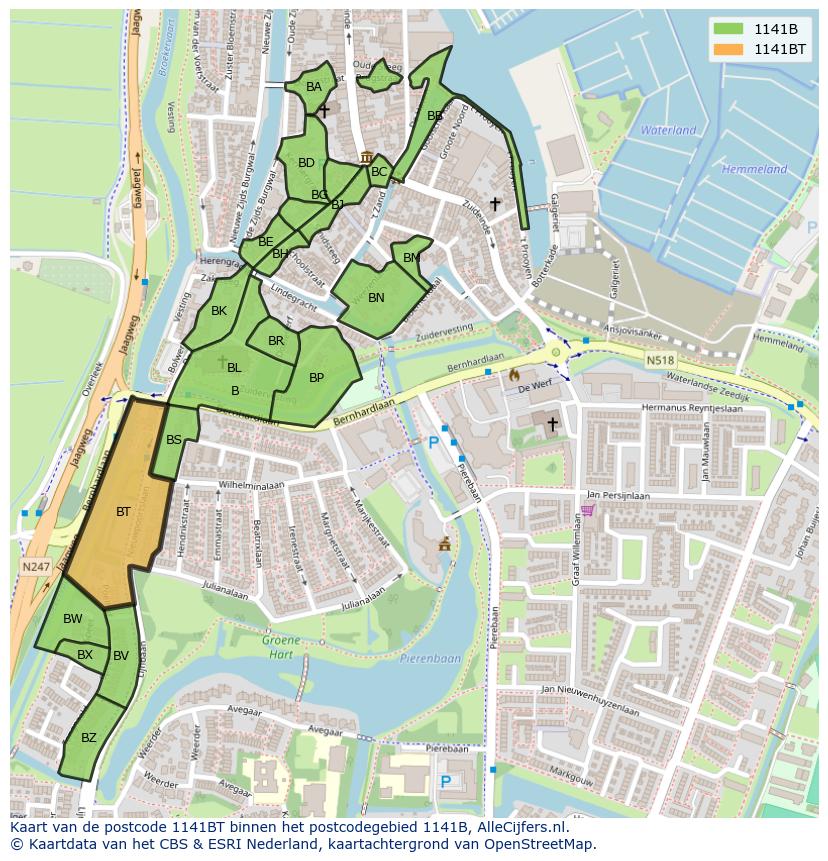 Afbeelding van het postcodegebied 1141 BT op de kaart.