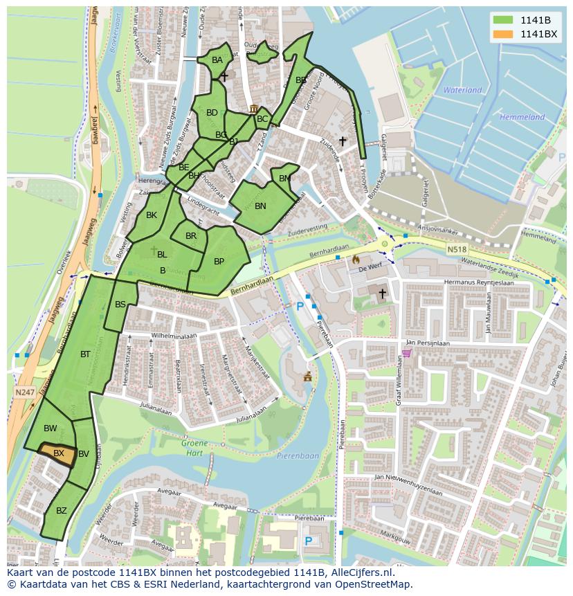 Afbeelding van het postcodegebied 1141 BX op de kaart.