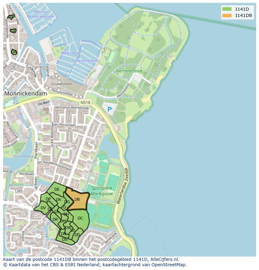 Afbeelding van het postcodegebied 1141 DB op de kaart.