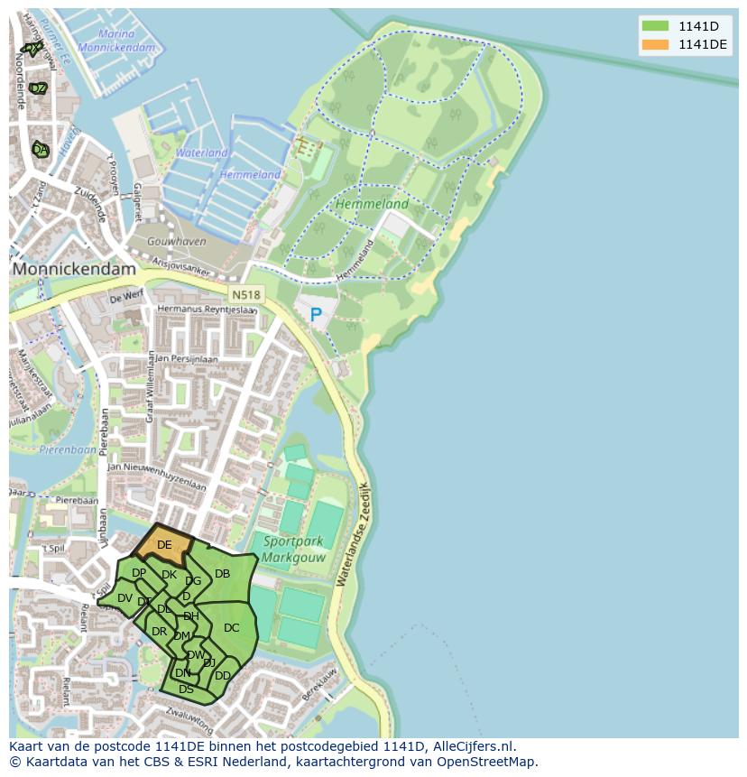 Afbeelding van het postcodegebied 1141 DE op de kaart.