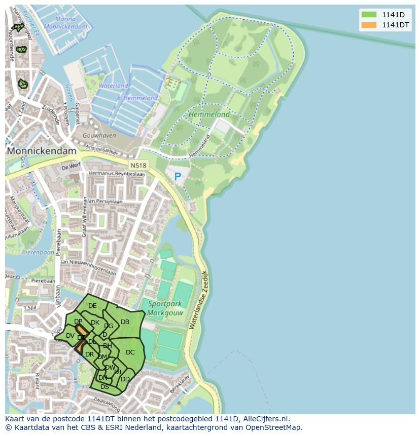 Afbeelding van het postcodegebied 1141 DT op de kaart.