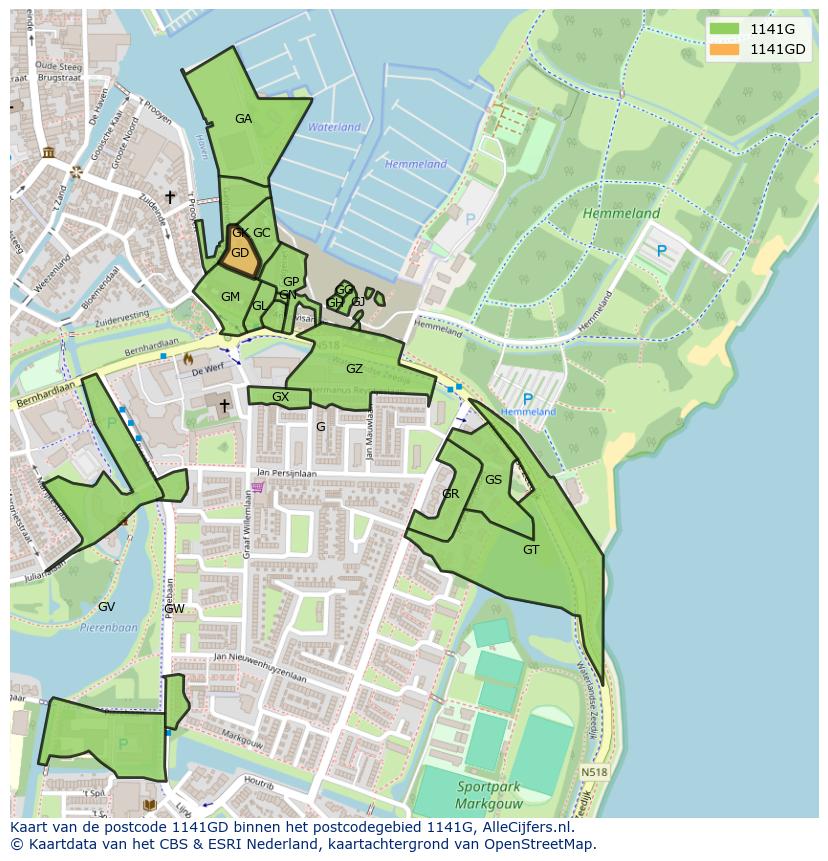 Afbeelding van het postcodegebied 1141 GD op de kaart.