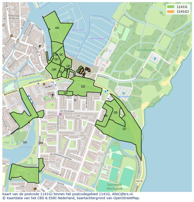 Afbeelding van het postcodegebied 1141 GJ op de kaart.