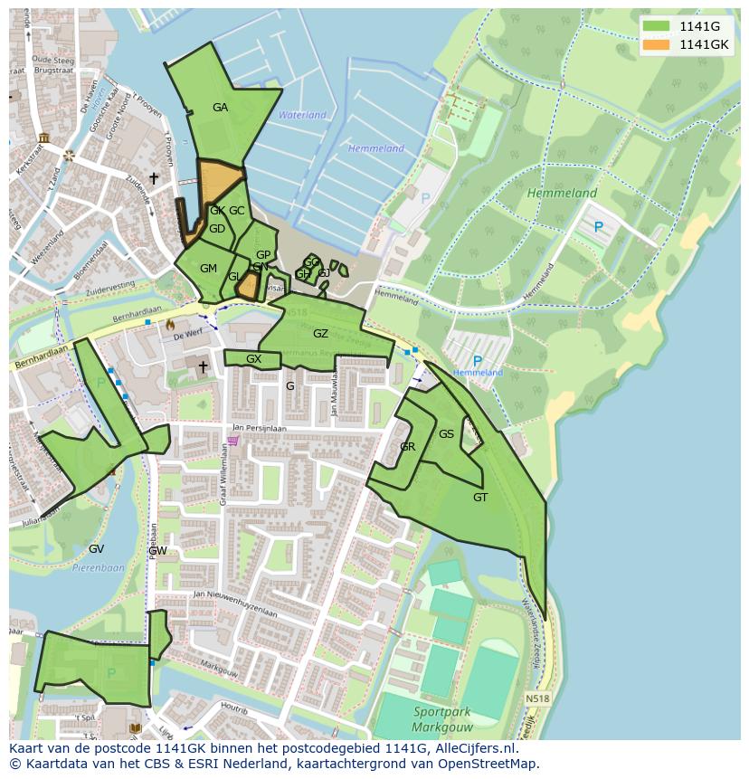 Afbeelding van het postcodegebied 1141 GK op de kaart.