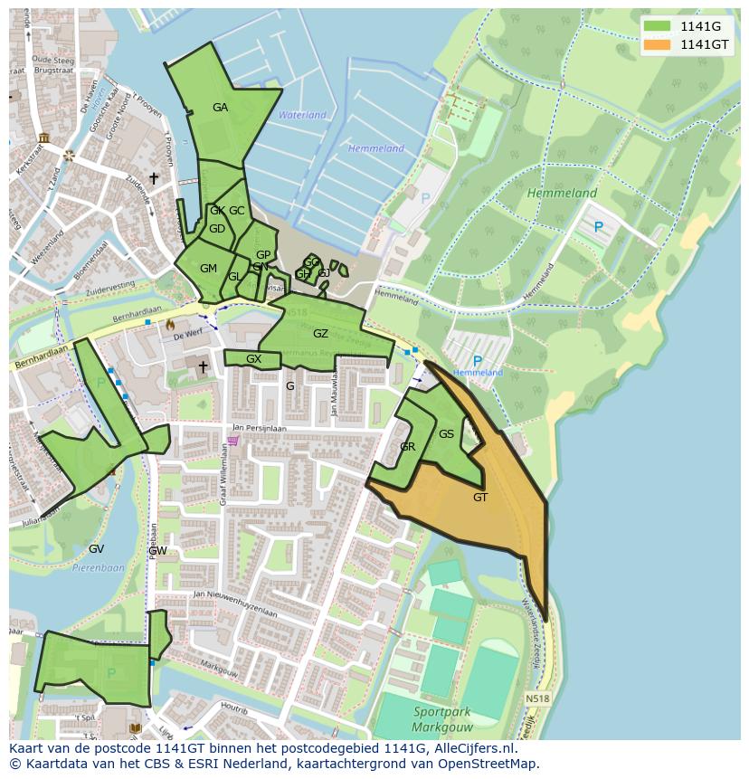 Afbeelding van het postcodegebied 1141 GT op de kaart.