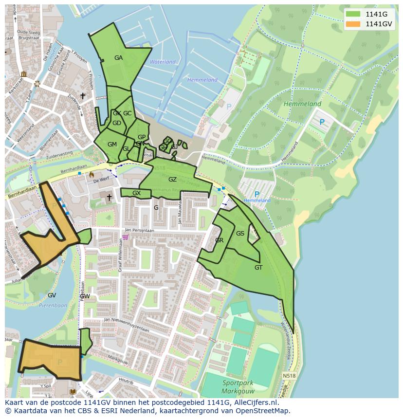 Afbeelding van het postcodegebied 1141 GV op de kaart.