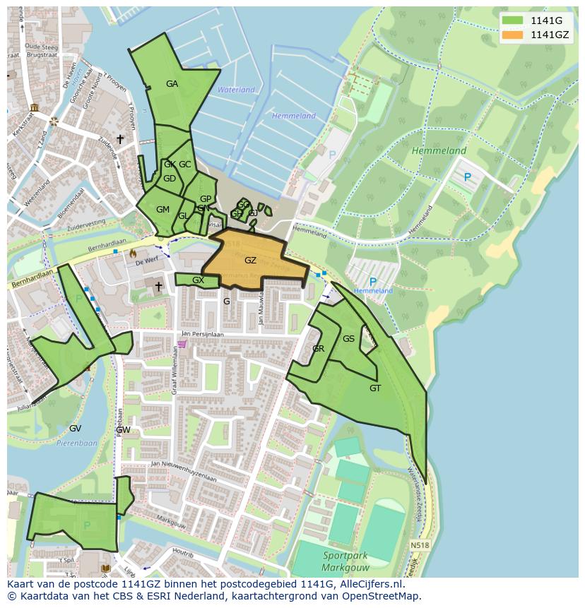 Afbeelding van het postcodegebied 1141 GZ op de kaart.
