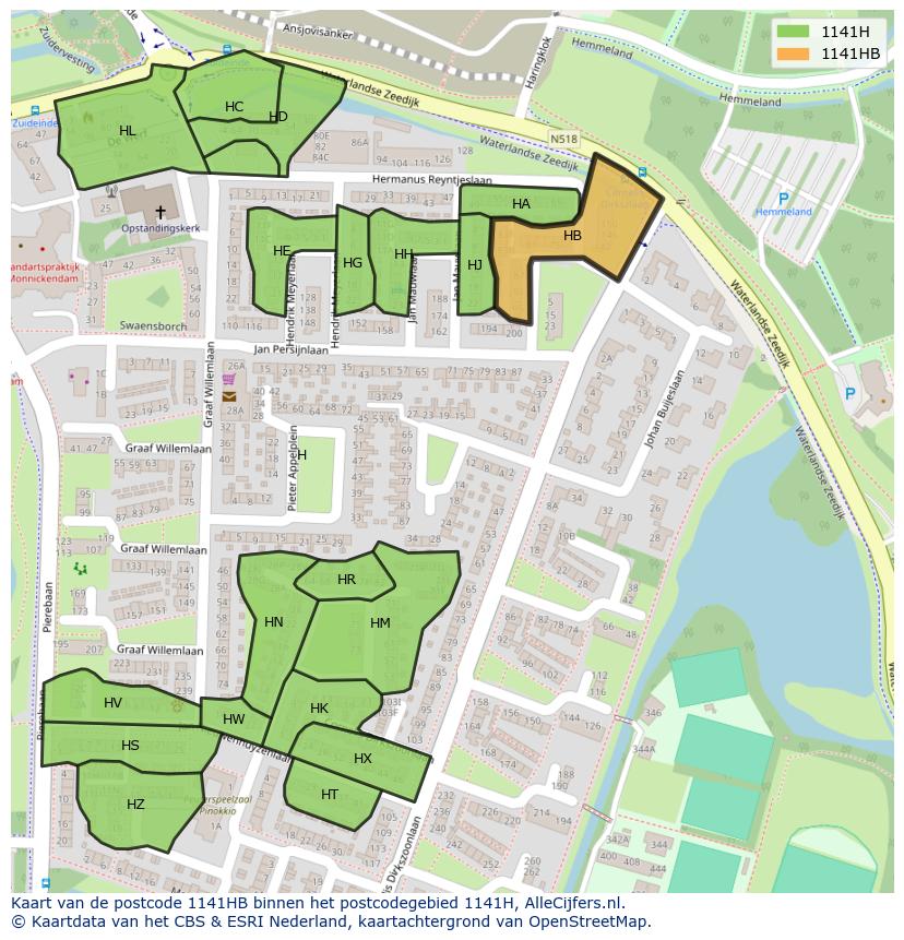 Afbeelding van het postcodegebied 1141 HB op de kaart.