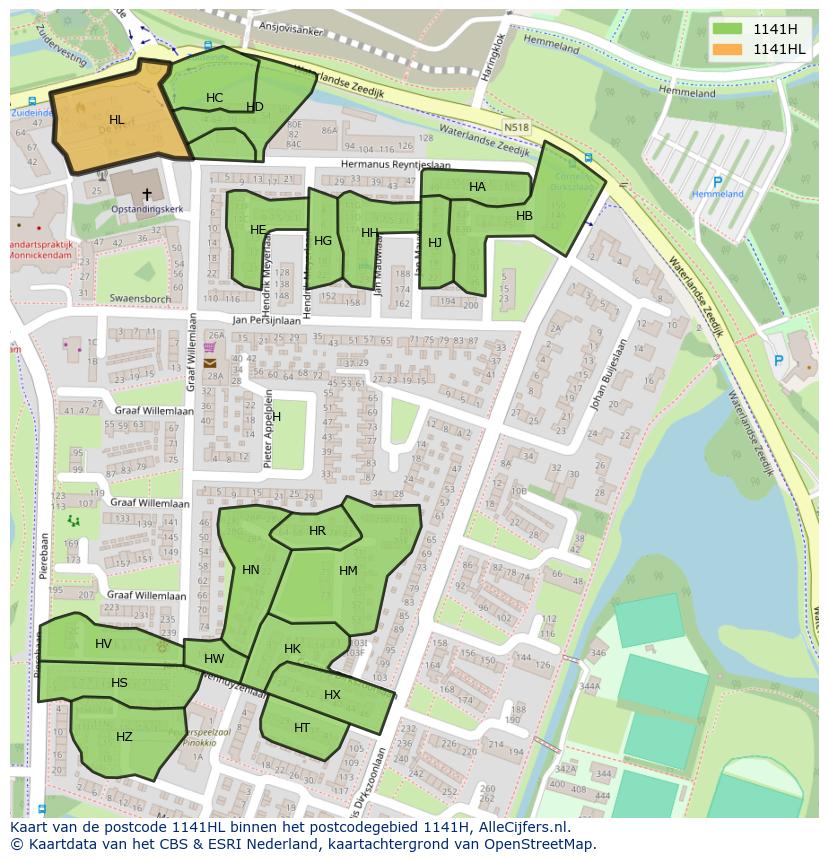 Afbeelding van het postcodegebied 1141 HL op de kaart.