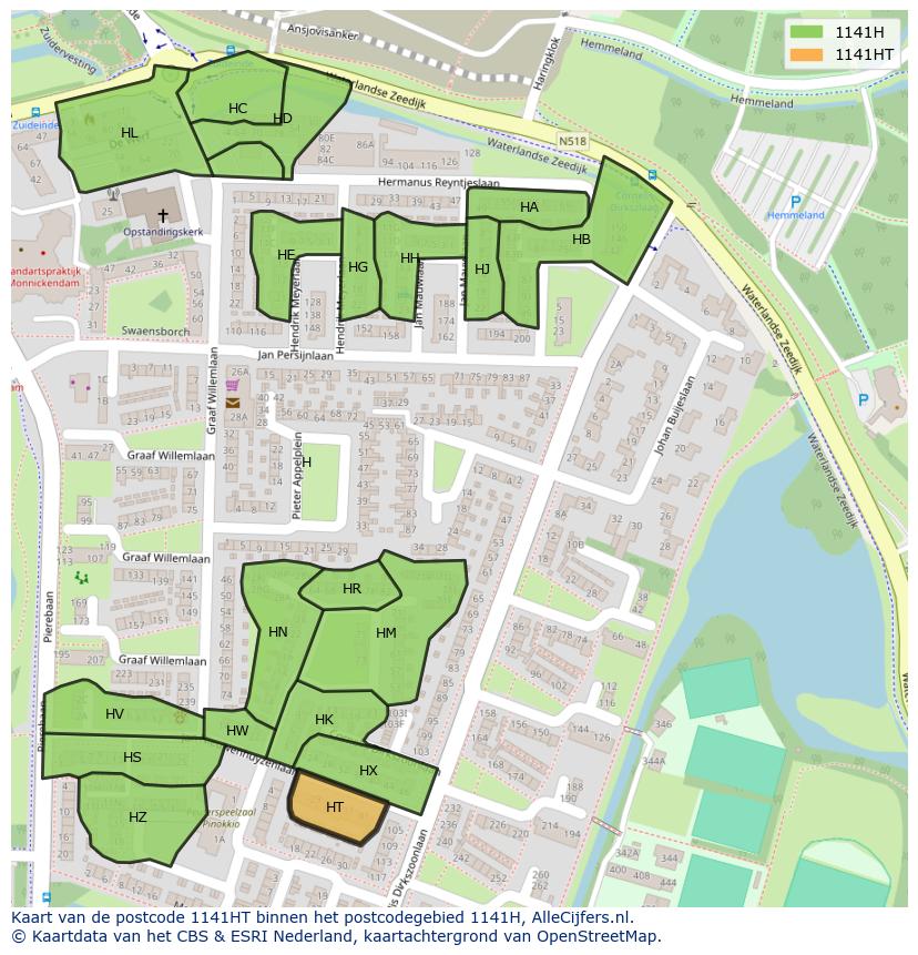 Afbeelding van het postcodegebied 1141 HT op de kaart.
