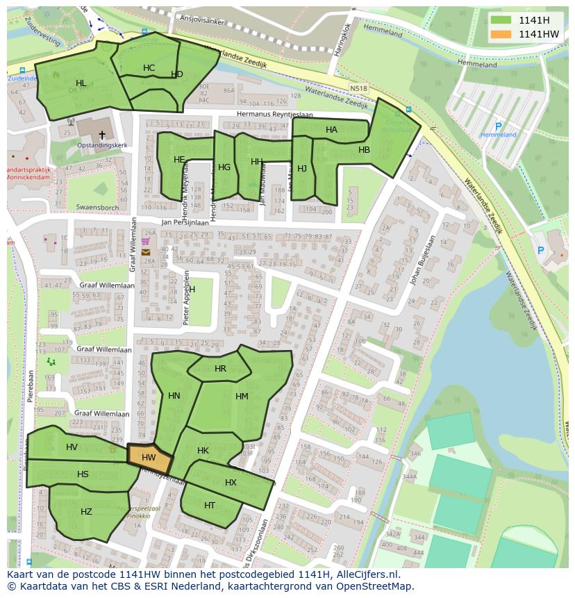 Afbeelding van het postcodegebied 1141 HW op de kaart.