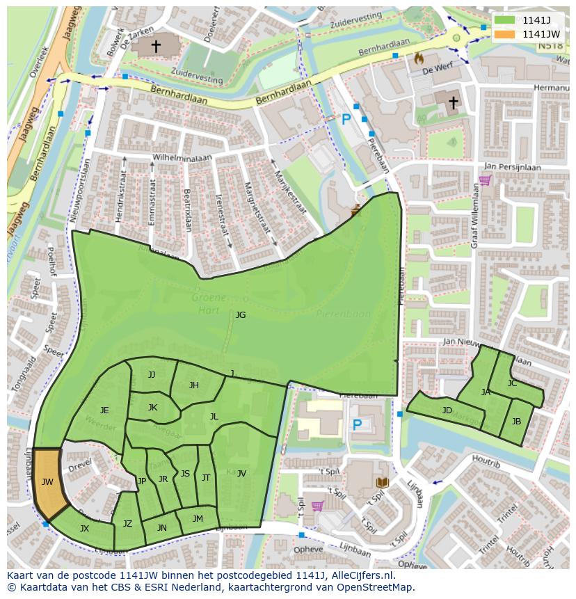 Afbeelding van het postcodegebied 1141 JW op de kaart.