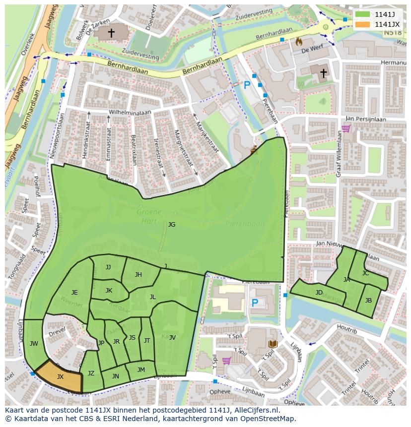 Afbeelding van het postcodegebied 1141 JX op de kaart.