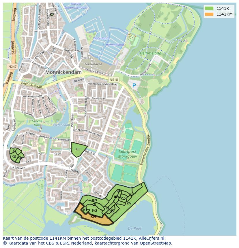 Afbeelding van het postcodegebied 1141 KM op de kaart.