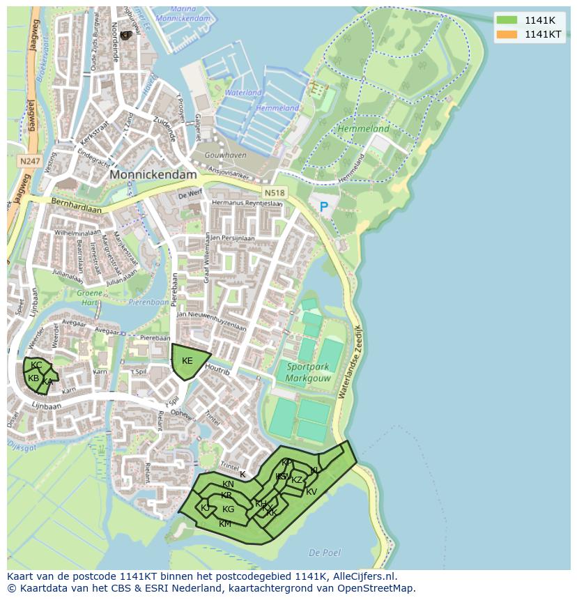 Afbeelding van het postcodegebied 1141 KT op de kaart.