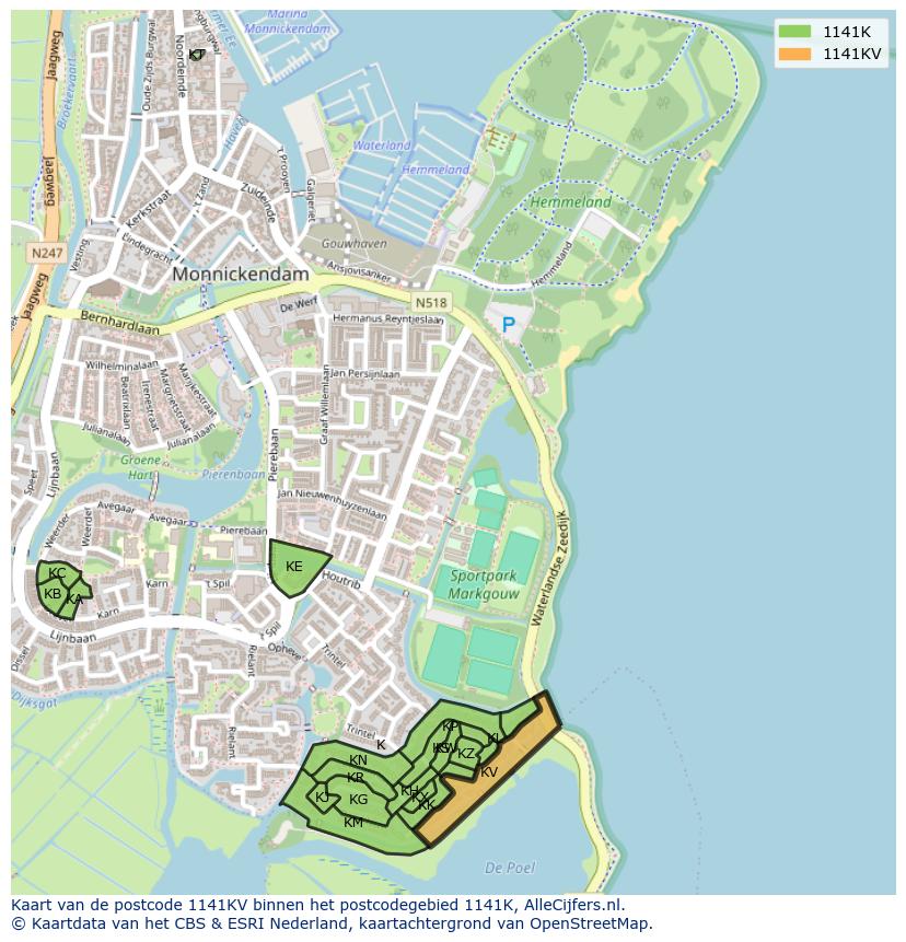 Afbeelding van het postcodegebied 1141 KV op de kaart.