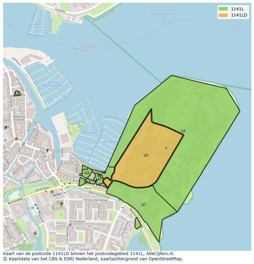Afbeelding van het postcodegebied 1141 LD op de kaart.