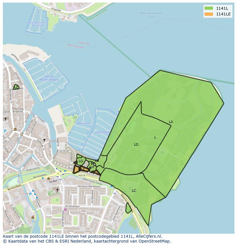 Afbeelding van het postcodegebied 1141 LE op de kaart.