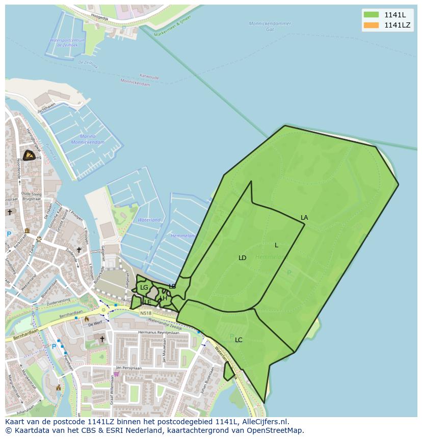 Afbeelding van het postcodegebied 1141 LZ op de kaart.