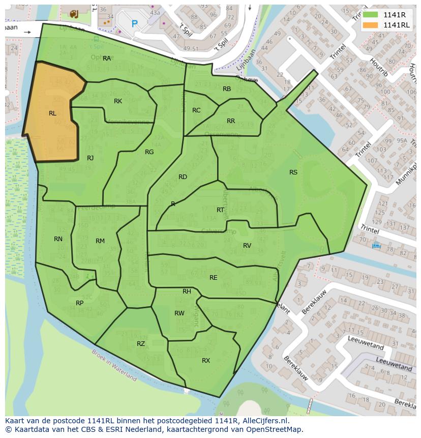 Afbeelding van het postcodegebied 1141 RL op de kaart.