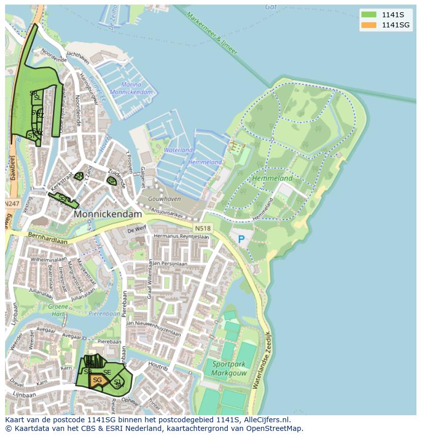 Afbeelding van het postcodegebied 1141 SG op de kaart.