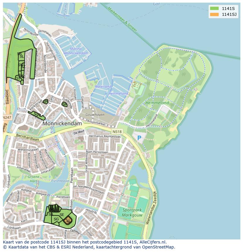 Afbeelding van het postcodegebied 1141 SJ op de kaart.