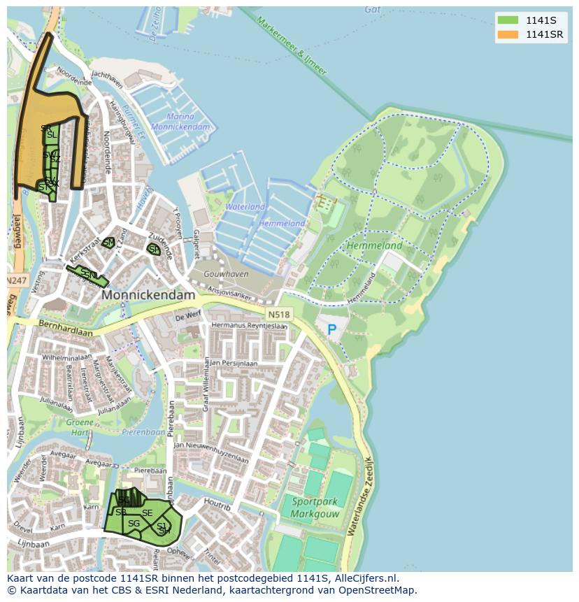 Afbeelding van het postcodegebied 1141 SR op de kaart.