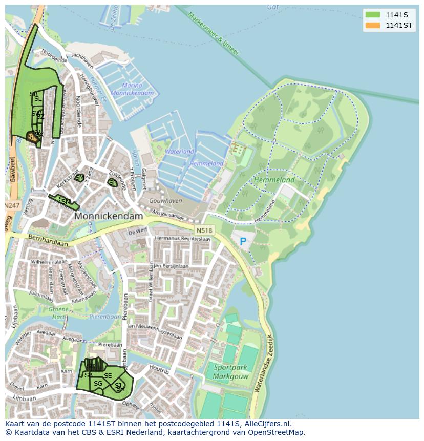 Afbeelding van het postcodegebied 1141 ST op de kaart.