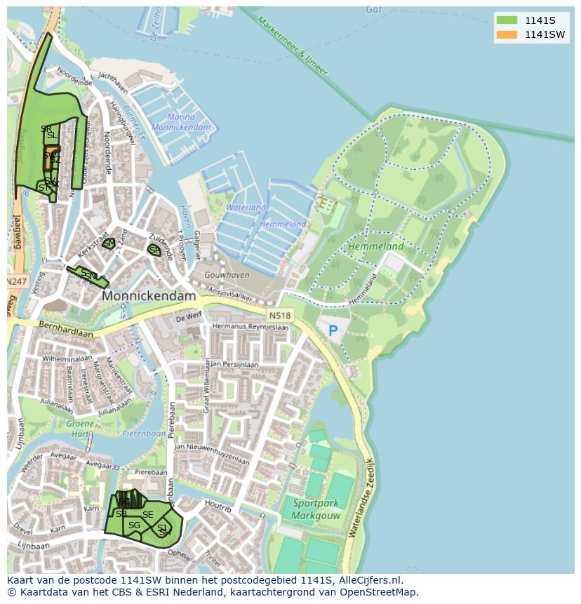 Afbeelding van het postcodegebied 1141 SW op de kaart.
