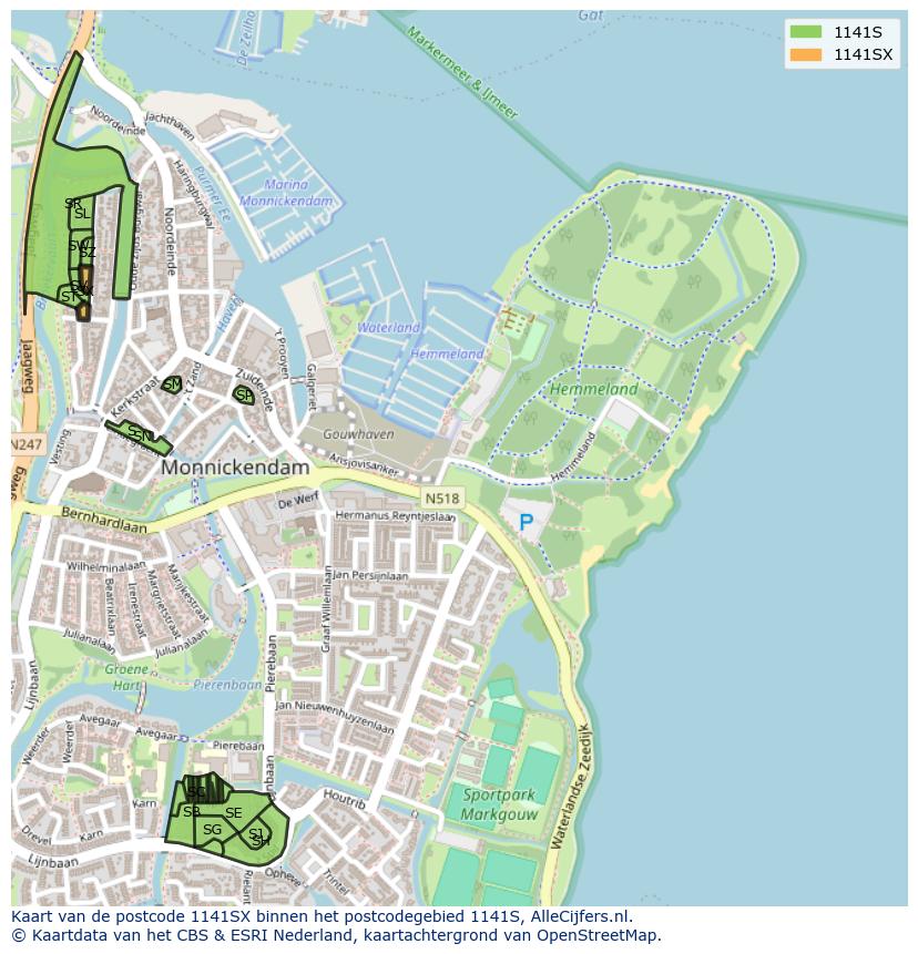 Afbeelding van het postcodegebied 1141 SX op de kaart.