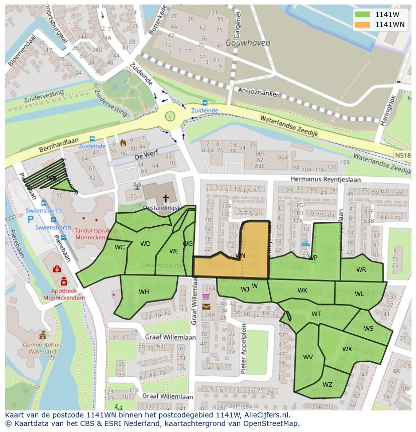 Afbeelding van het postcodegebied 1141 WN op de kaart.