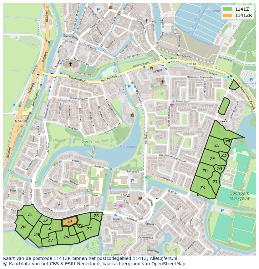 Afbeelding van het postcodegebied 1141 ZR op de kaart.