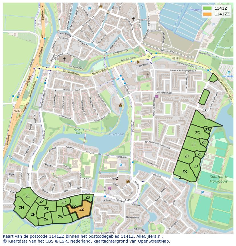 Afbeelding van het postcodegebied 1141 ZZ op de kaart.